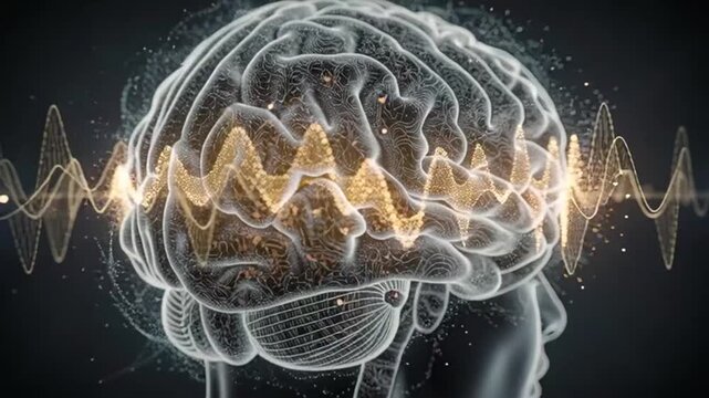 Visualization of glowing brainwaves pulsating through a digital human brain model.