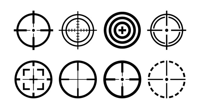 Target crosshair icons, 8 black sniper scope vectors, hunting reticle set
