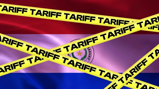 Paraguay Flag Restricted by Tariff Tape: The national flag of Paraguay is draped and partially obscured by yellow caution tape imprinted with the word TARIFF.