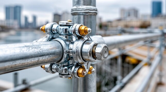 Scaffolding connection part shown with city skyline in the background on a cloudy day