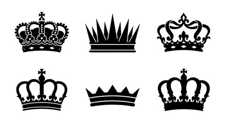 Royal crown silhouettes, 6 heraldic king icons, black tiara vector set © Ahsan