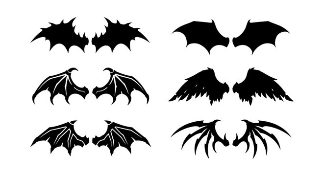 Gothic bat wings collection, 6 black demon wing silhouettes, dragon vector set