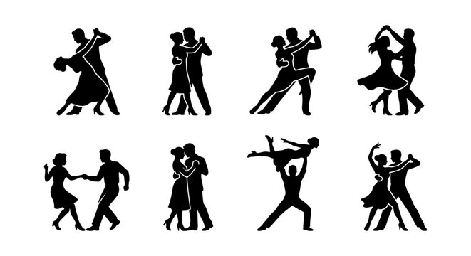 Ballroom dancing silhouettes, 8 couple dance icons, ballroom vector set