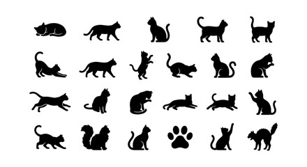 Black cat silhouette collection, 24 feline icons, pet animal vector set © Bappi