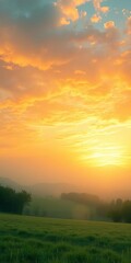 Fototapeta premium Emerald velvet under a watercolor sky, the quiet breath of dawn, serene glow, morning light