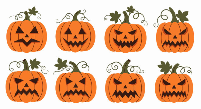 A grid of eight orange pumpkins with carved spooky faces and green vines