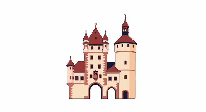 A pixel art representation of a medieval castle gatehouse with multiple towers