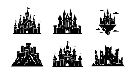 Fantasy Castle Silhouettes, Medieval Fortress Icons, Royal Palace Vector Set © Arafat