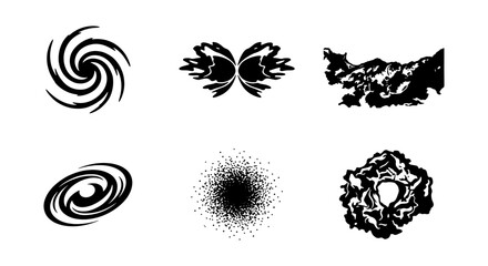 Abstract cosmic shapes set, 6 black galaxy and nebula vector icons © Saiful