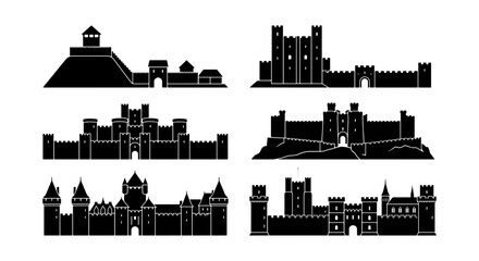 Medieval Castle Silhouettes, Fortress Icons, Historic Architecture Vector Set © Shahinur