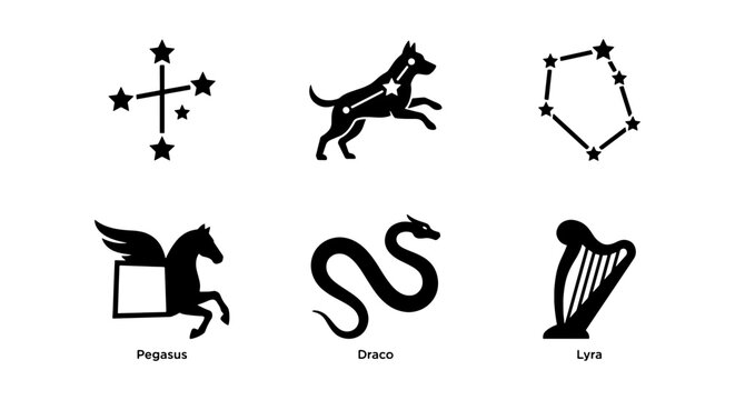 Celestial constellation icons, black zodiac star symbols, 6 vector elements