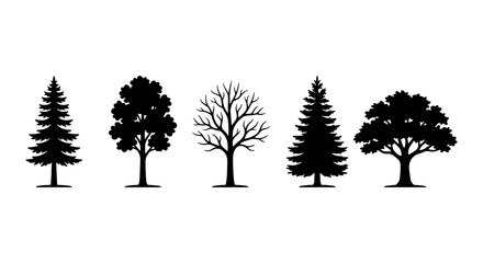 Black tree silhouettes, 5 forest plant icons, minimalist nature vector set © Bappi