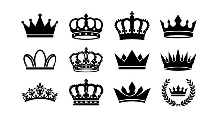Royal crown icons set, black king and queen tiara vector, 12 luxury symbols © Saiful