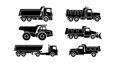 Collection of Six Black and White Dump Truck and Heavy Vehicle Silhouettes, Construction and Transport Icons, Industrial Hauling Vector Set © Shihab