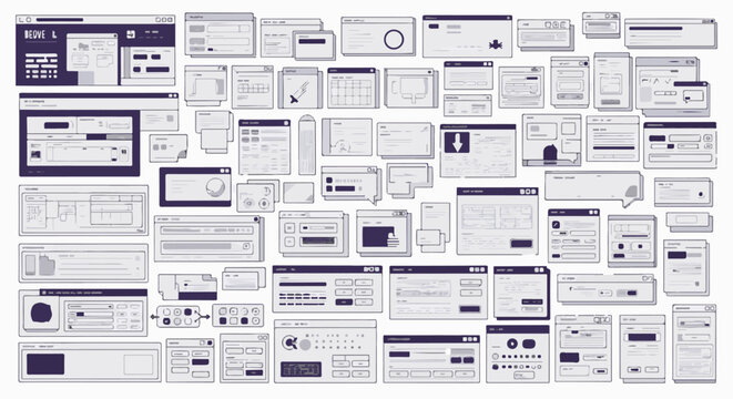 A collection of diverse digital interface layouts and wireframe sketches