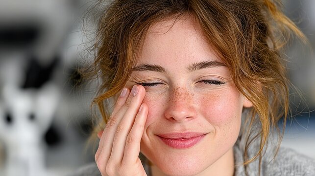 Young woman with freckles gently touching her face with her eyes closed in a moment of peace and