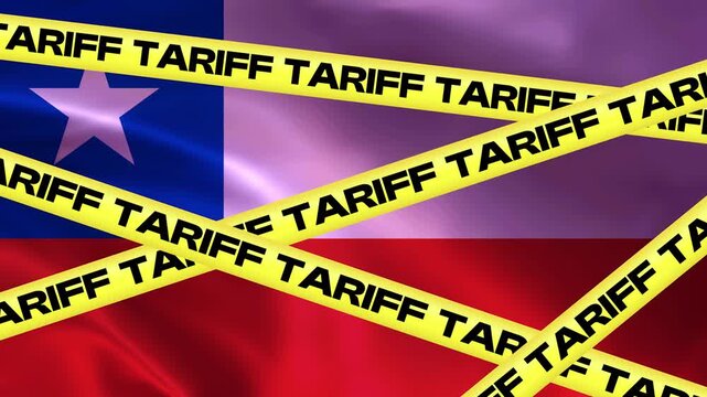 Tariff Tape on Chilean Flag: Yellow caution tape, emblazoned with the word TARIFF, is stretched across the vibrant flag of Chile, symbolizing economic barriers and trade restrictions.