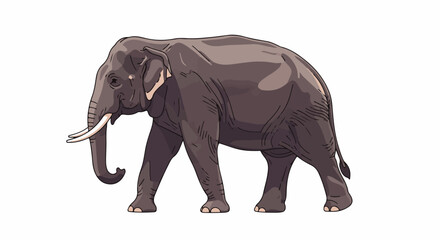 Fototapeta premium A large grey elephant with tusks walks across a white background