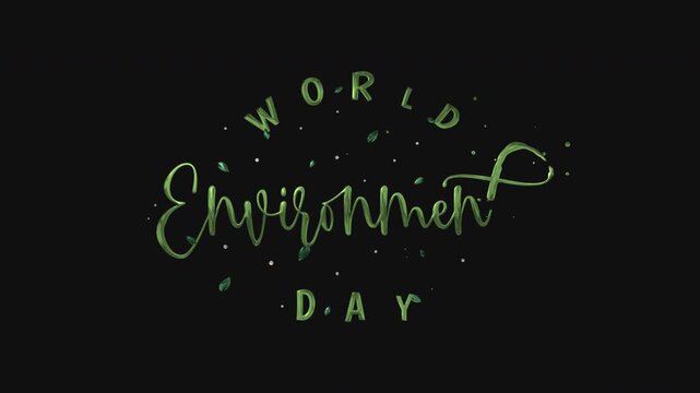 Green world environment day text animation design on transparent background in elegant script for ecofriendly promotions or environmental campaigns.