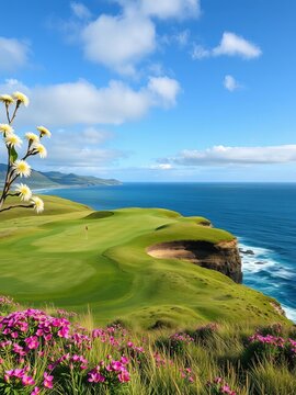 Scottish links golf hole, spring bloom, ocean vista,  golf,  gorse