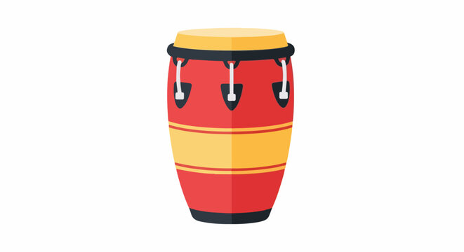 A red and yellow cylindrical drum with black accents and ropes