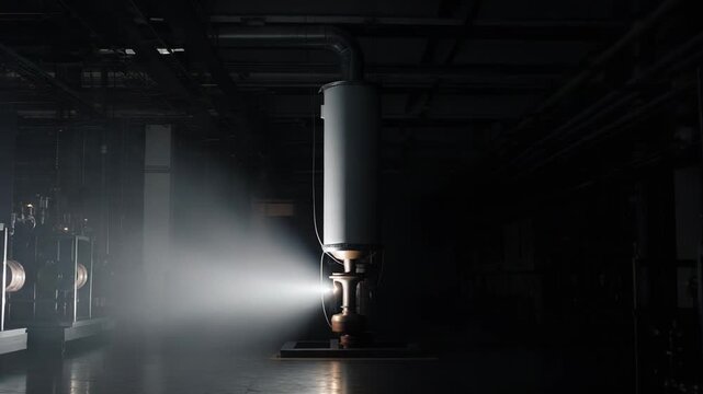Industrial complex interior creating a sci fi atmosphere with an intense light source piercing through smoke or fog, highlighting technology and advanced engineering infrastructure