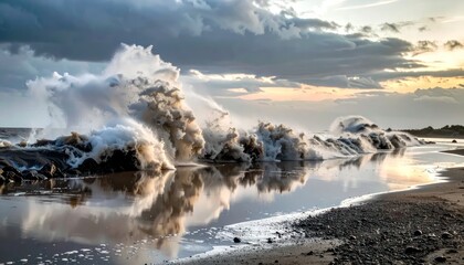 Fototapeta premium Powerful Ocean Wave Crashing Against Rocks at Sunset.