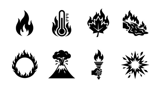 Fire and Heat Icons Set: Flames, Thermometer, Volcano, Torch, Explosion, Ring of Fire, Nature Fire, Water Fire