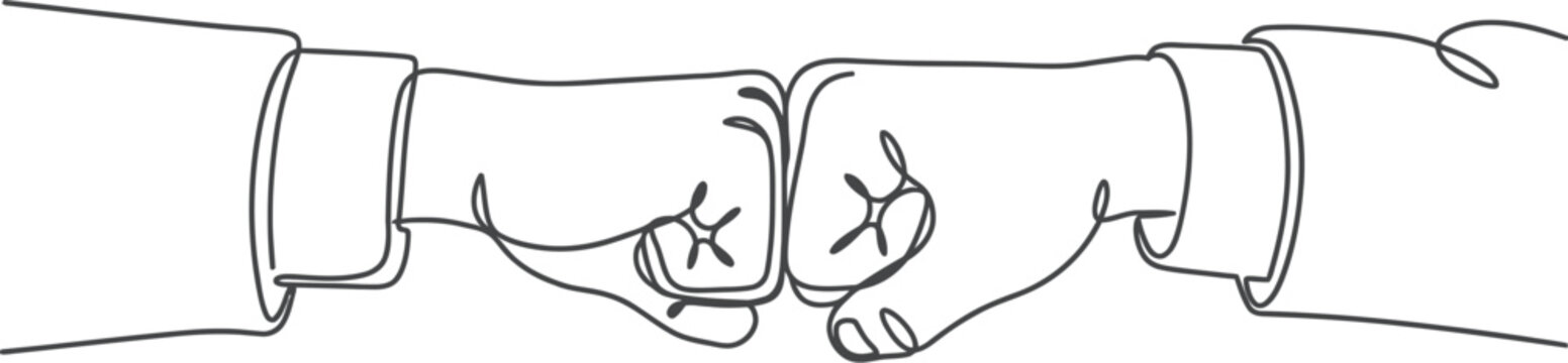 A professional fist bump illustration showing two business colleagues joining hands in a minimalist continuous line drawing style which symbolizes unity and success within the workplace.