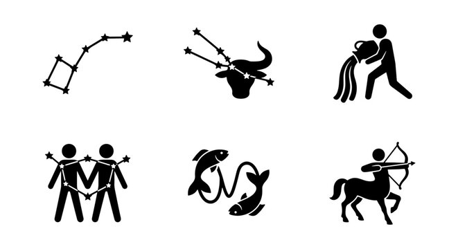 Zodiac Constellations and Symbols, Astrology Icons Set, Celestial Signs Vector Graphics for Horoscope and Astronomy