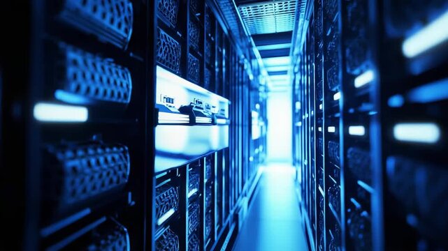 Server racks filling a long corridor in a data computing facility, with blue light illuminating the advanced infrastructure and digital technology within
