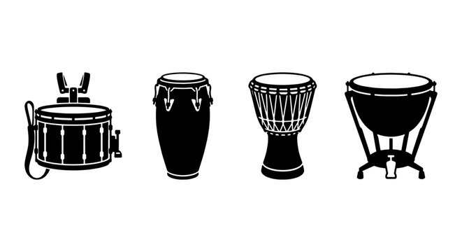 Diverse Drum Collection Vector Icons: Percussion Instruments, Musical Ensemble Elements, Rhythm Beat Symbols, and Sound Creation Graphics