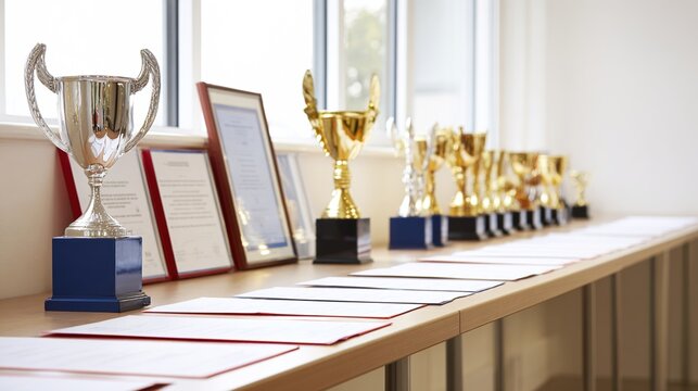 merit. Clean office desk with trophies and framed certificates arranged neatly, natural window light. pitch deck slides.