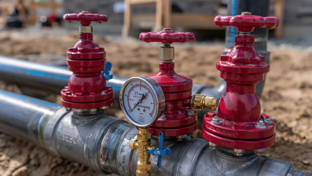 Testing backflow preventer at a construction site with focus on valves and pressure gauge showing readings