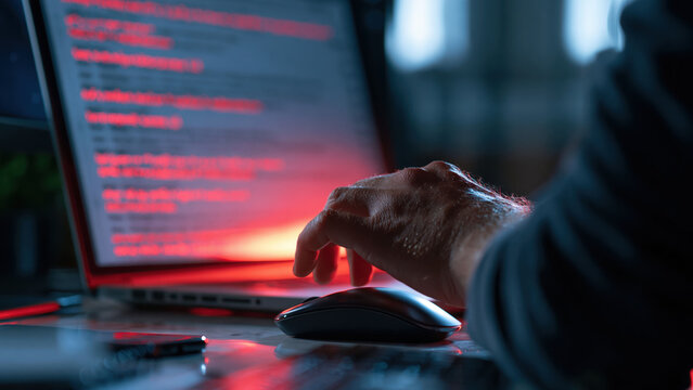 Phishing email on computer screen shows suspicious links as user interacts with mouse at home office during evening hours