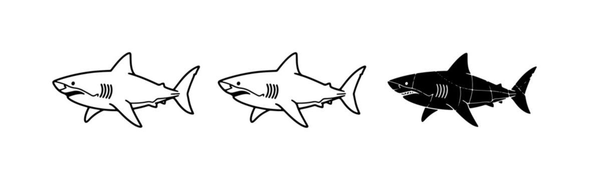Shark Vector Icons, Marine Predator Illustrations, Ocean Wildlife Graphics, Black and White Sea Creature Designs