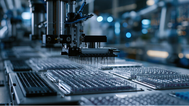 Liquid handling robots in a laboratory setting screen thousands of samples for research and testing at a biotechnology facility during operational hours