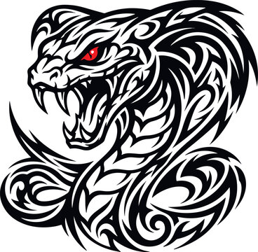 Tattoo, tribal snake, black and white vector, red eye, aggressive serpent