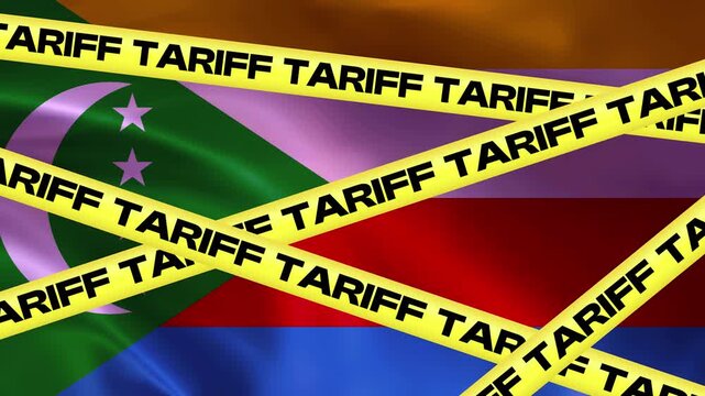 Tariff Barrier on Comoros Flag: Yellow caution tape with the word TARIFF repeats across the national flag of Comoros, symbolizing trade restrictions and economic challenges