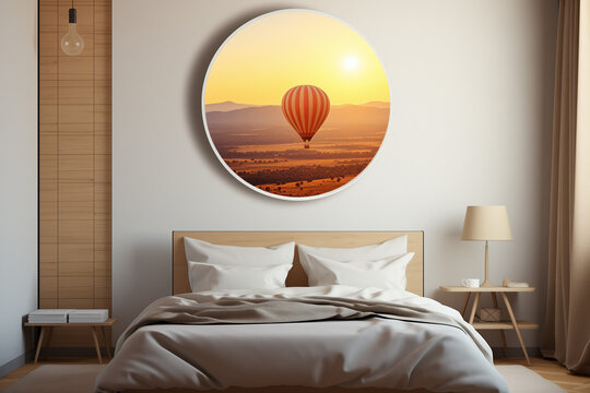 Backlit metal wall panel of a hot air balloon floating above rolling hills within a circular frame, warm sunrise yellow and peach LED, soft white bedroom wall, romantic dreamy interior photography