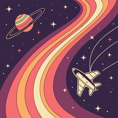 Retro airplane flying through colorful wavy stripes in a starry galaxy with planet, outer space © Tik