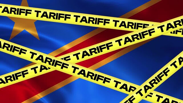 Tariff Tape Across Flag: Yellow warning tape emblazoned with the word TARIFF stretches across a national flag, symbolizing economic restriction and trade barriers.