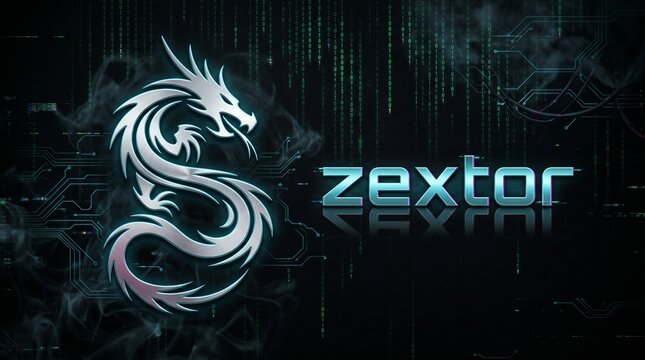Cyberpunk dragon logo with Zextor text, futuristic gaming aesthetic on dark digital background, glowing neon blue tech wallpaper