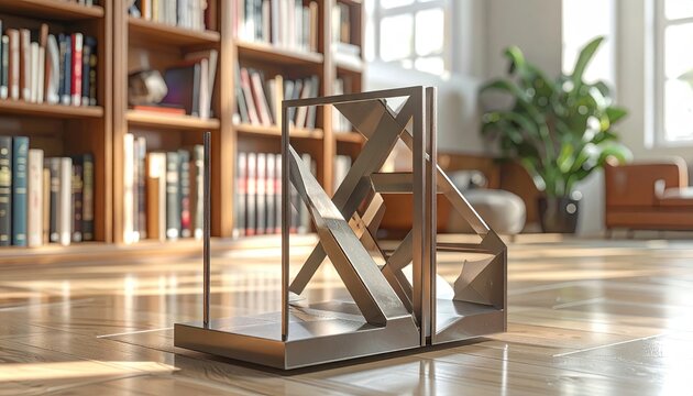 A modern geometric bookend rests on a polished wooden floor in a sunlit room, showcasing a stylish interior.