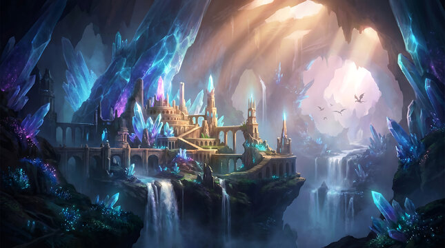 Enchanting fantasy crystal city in a subterranean cave with glowing waterfalls