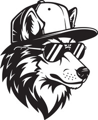 Cool wolf head wearing a baseball cap and sunglasses black and white vector illustration for apparel design © Kabir Design