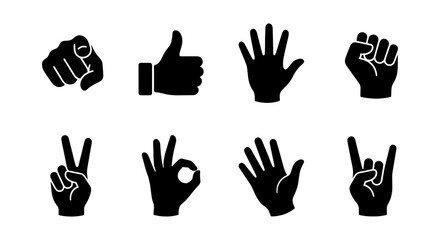 Fototapeta premium Set of 8 Black Hand Gestures Icons, Vector Silhouettes for Communication, Approval, and Rock Music Symbols, Graphic Elements for Digital Design