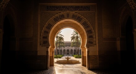 Obraz premium View through an ornate stone archway leading to a courtyard with palm trees and a water fountain
