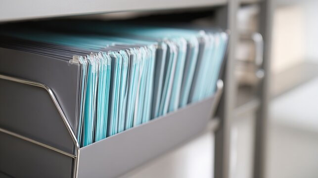archive. Organized file folders on a sleek metal shelf, showcasing efficiency and modern office organization. pitch deck slides.