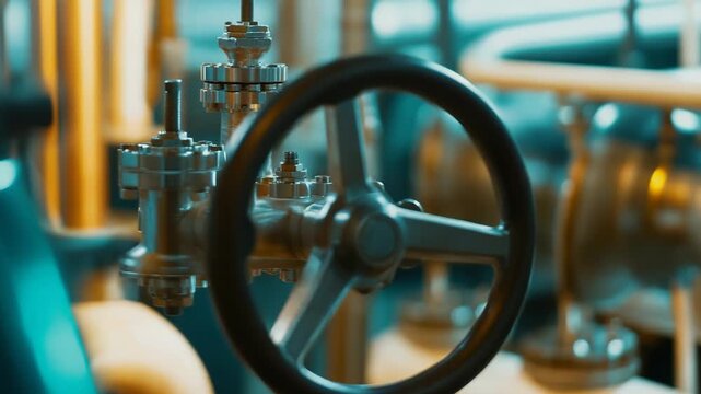 Metal valve and piping detail in an industrial plant, highlighting steel control mechanisms and connections that regulate flow and pressure within a modern manufacturing system